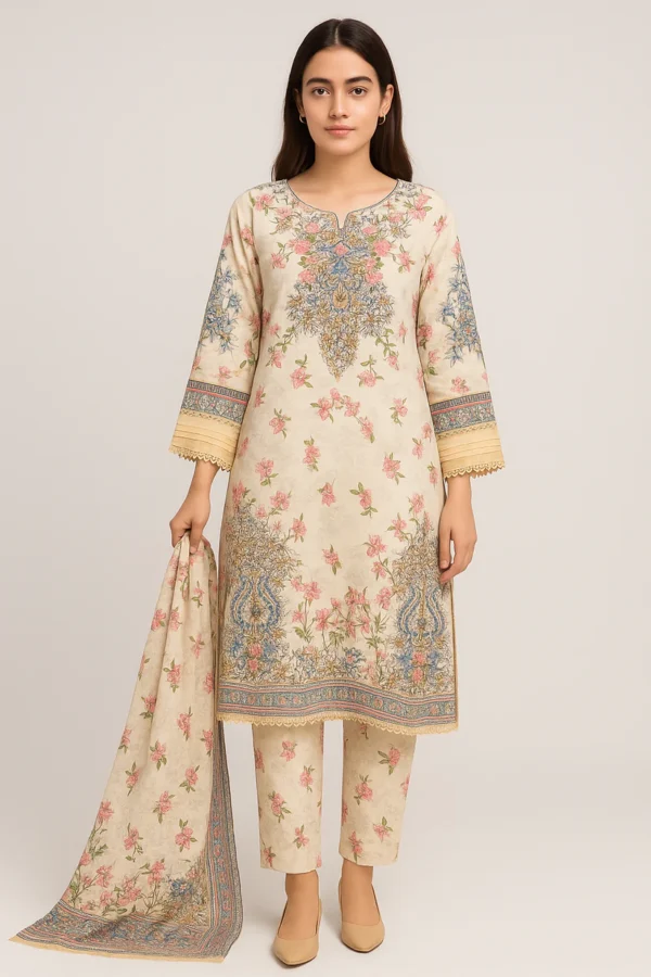 Elegant Pastel Floral Embroidered Lawn Suit
